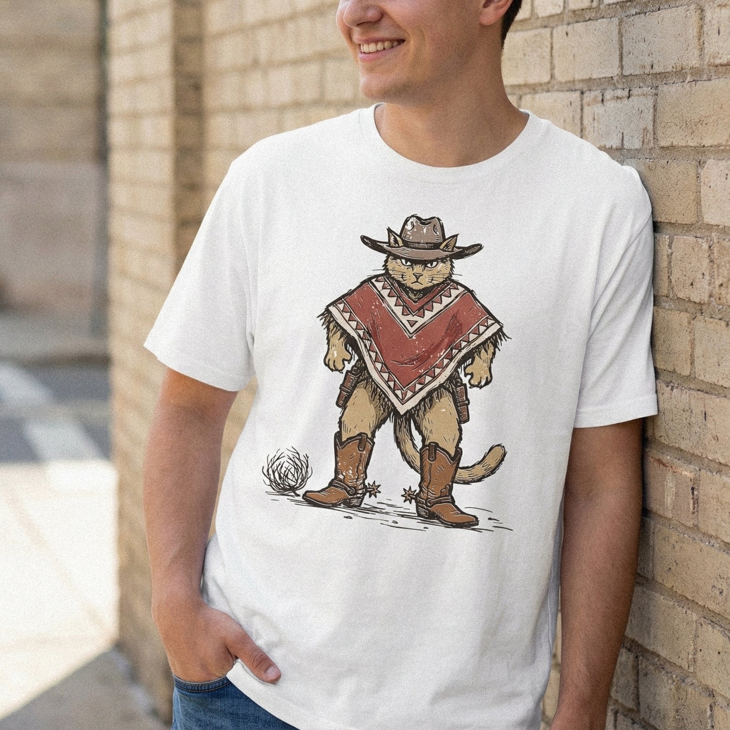 High-resolution western cat graphic with a rugged feline in cowboy attire, ideal for sublimation, custom t-shirt printing, and DIY craft projects.