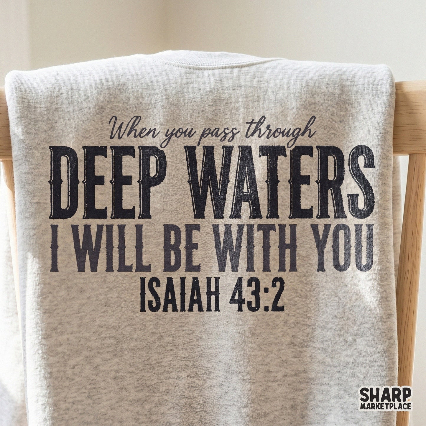 Trendy retro Isaiah 43:2 bible verse quote digital PNG download for Christian faith t-shirts and apparel