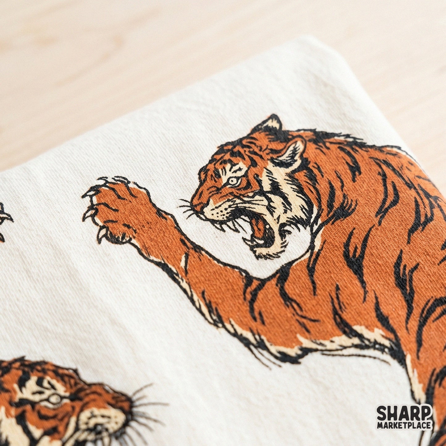 Hand drawn tiger duo in a balanced circular formation, perfect for graphic t-shirts, wall art, and custom print-on-demand projects.