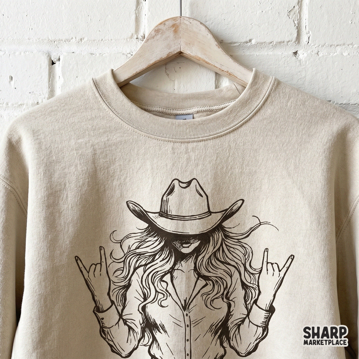 Detailed digital illustration of a cowgirl with a moody aesthetic, designed for DIY western apparel, rodeo gear, and custom printable projects.