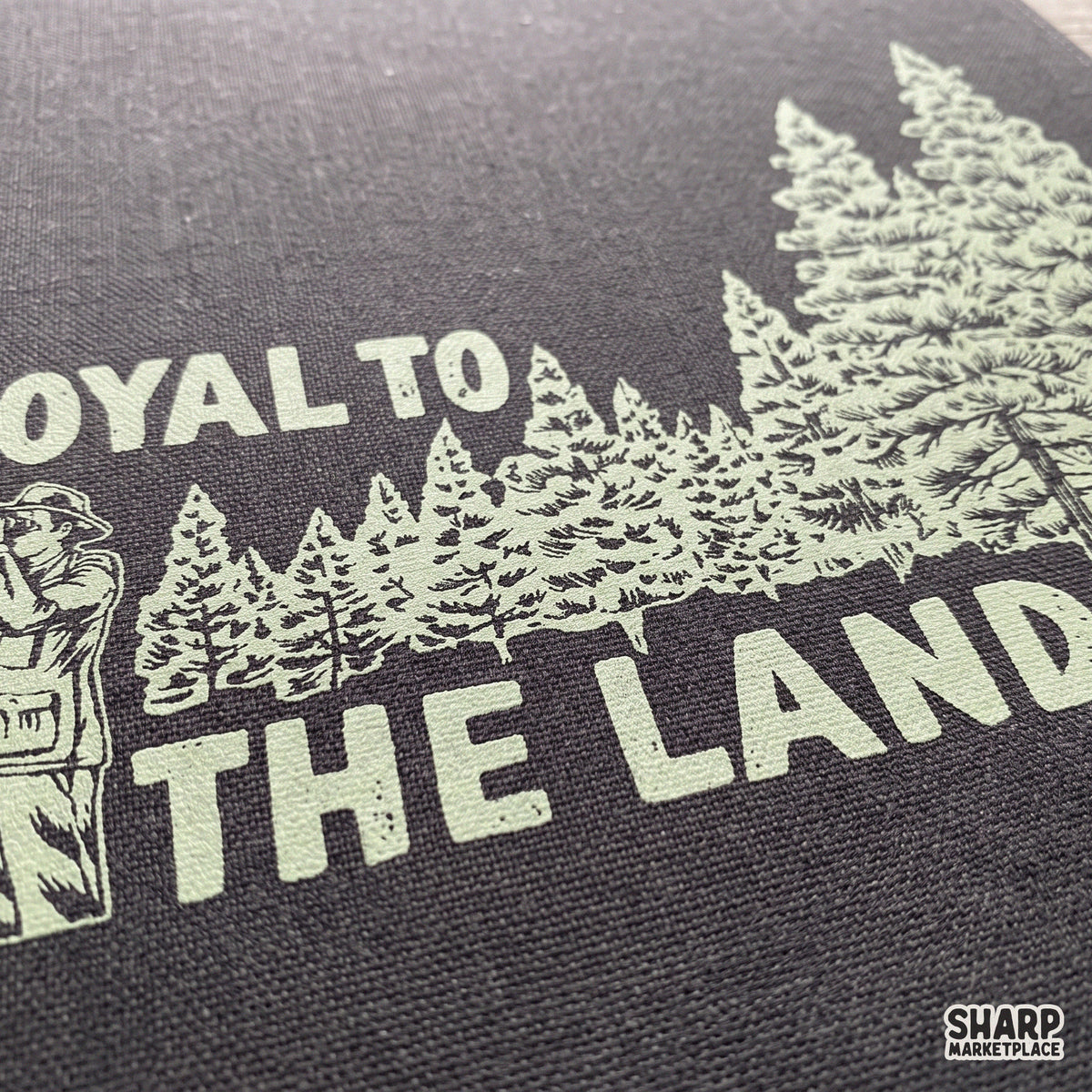 Vintage loyal to the land forest explorer design with pine trees and binoculars for camping and outdoor shirts