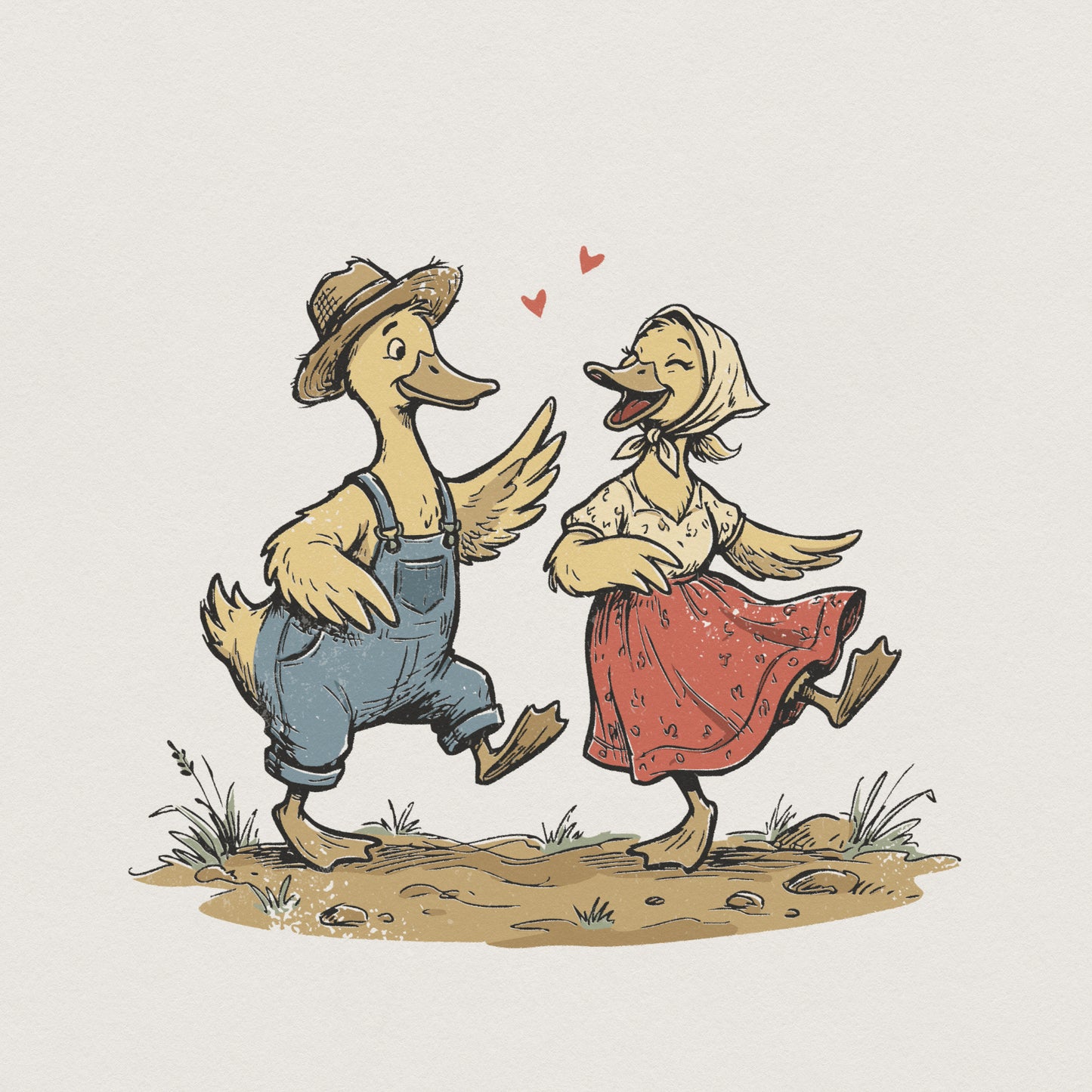 Whimsical digital illustration of a cute duck couple dancing, featuring a male duck in overalls and a female duck in a floral outfit for DIY apparel.
