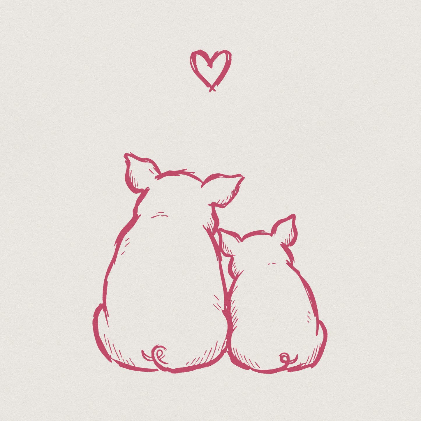 Hand-drawn pink sketch of a mother pig and piglet sitting together with a heart above, perfect for Mother's Day sublimation, shirts, or nursery decor.