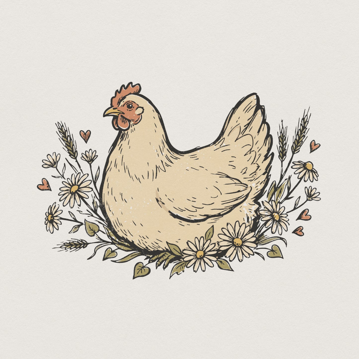 Hand-drawn farmhouse chicken illustration surrounded by a rustic wreath of daisies, wheat stalks, and small hearts for sublimation and apparel.