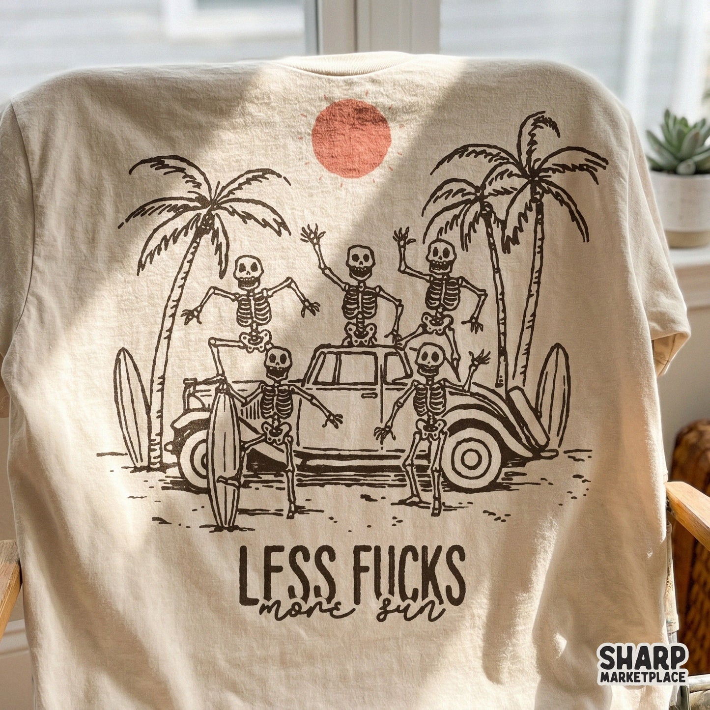 Vintage style beach graphic with skeletons, surfboards, and palm trees, designed for sublimation printing on tumblers, t-shirts, and custom summer gifts.