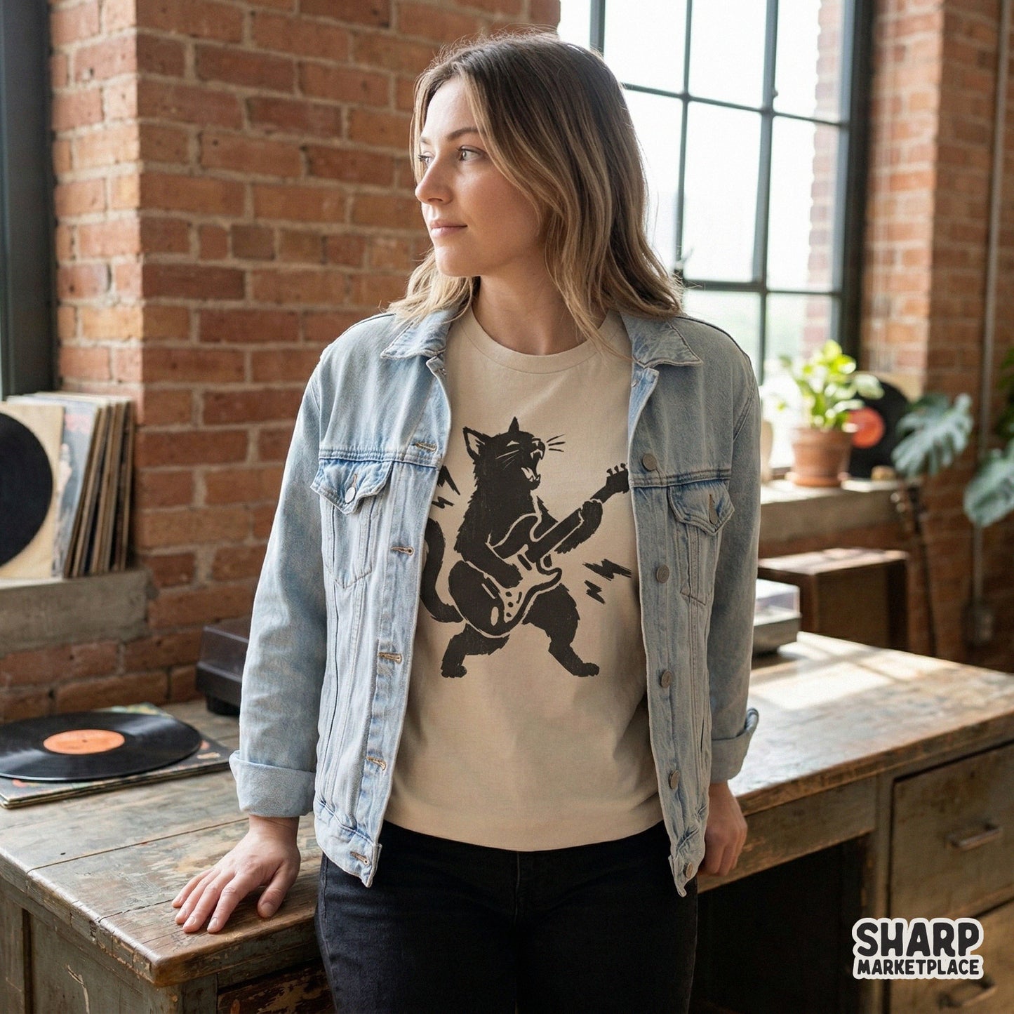 Edgy feline guitar player graphic with a distressed texture, suitable for DIY sublimation, heat transfers, and creative music-inspired wall art.