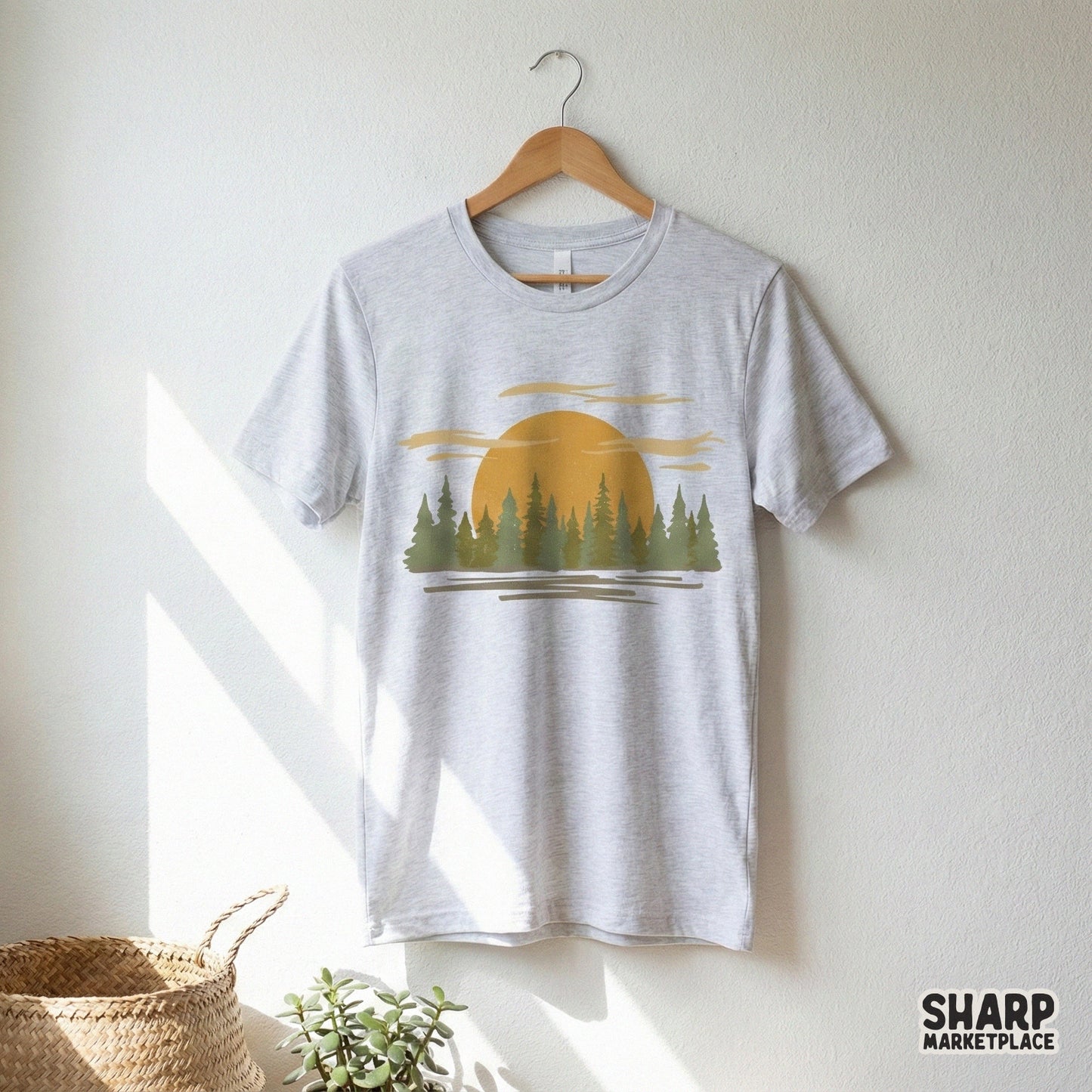 Nature-themed sunset forest graphic with earthy tones and horizontal line accents, suitable for printing on tumblers, apparel, or custom outdoor gear.