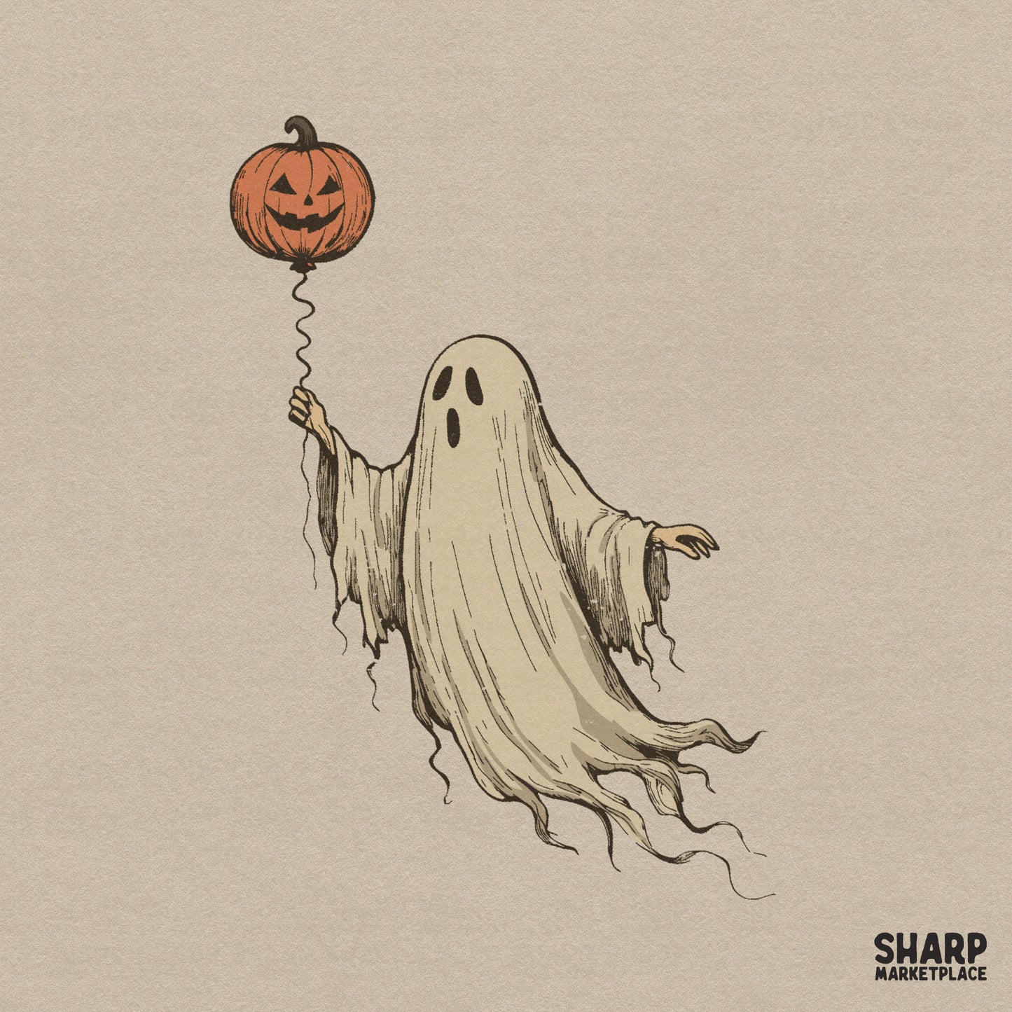 Cute floating Halloween ghost holding a jack o lantern pumpkin balloon for spooky season sublimation and apparel designs