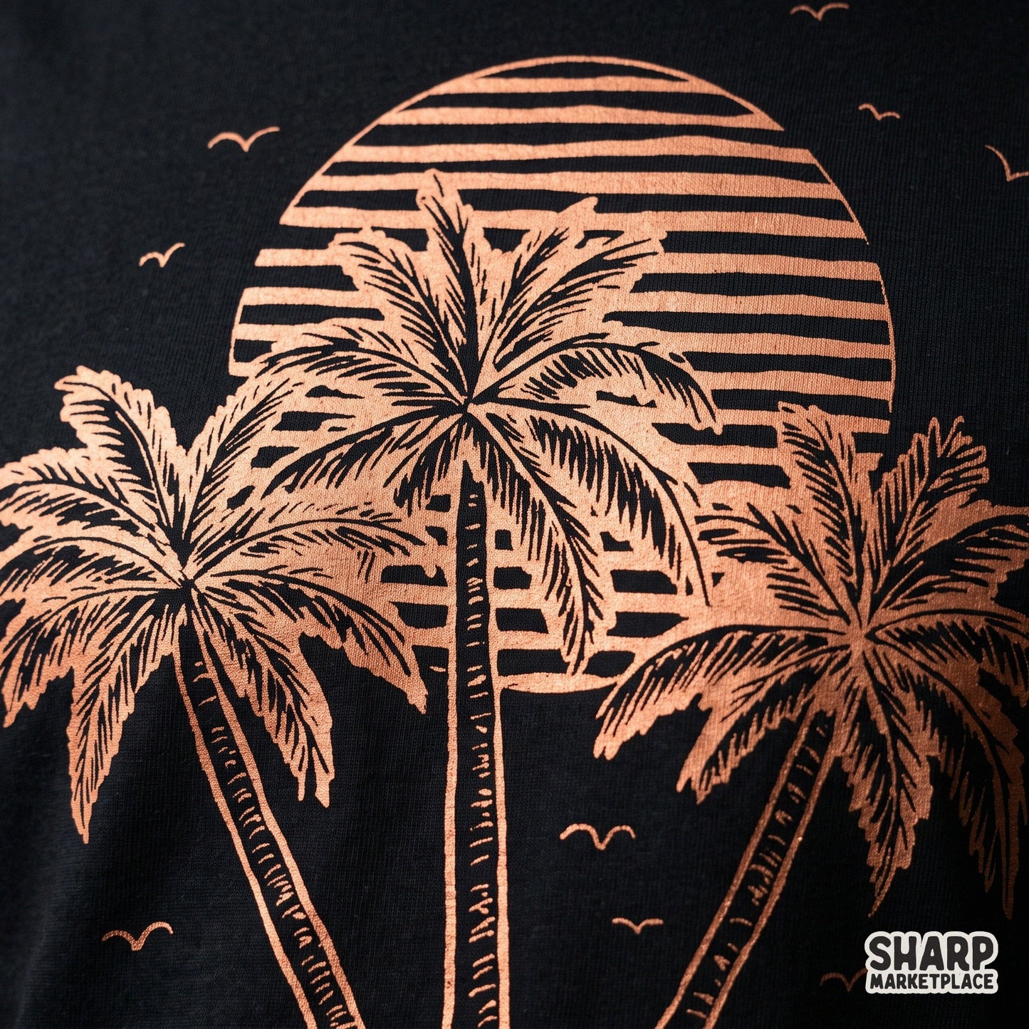 Vintage ocean sunset with three palm trees in a retro summer style for trendy beach shirts and tropical sublimation designs