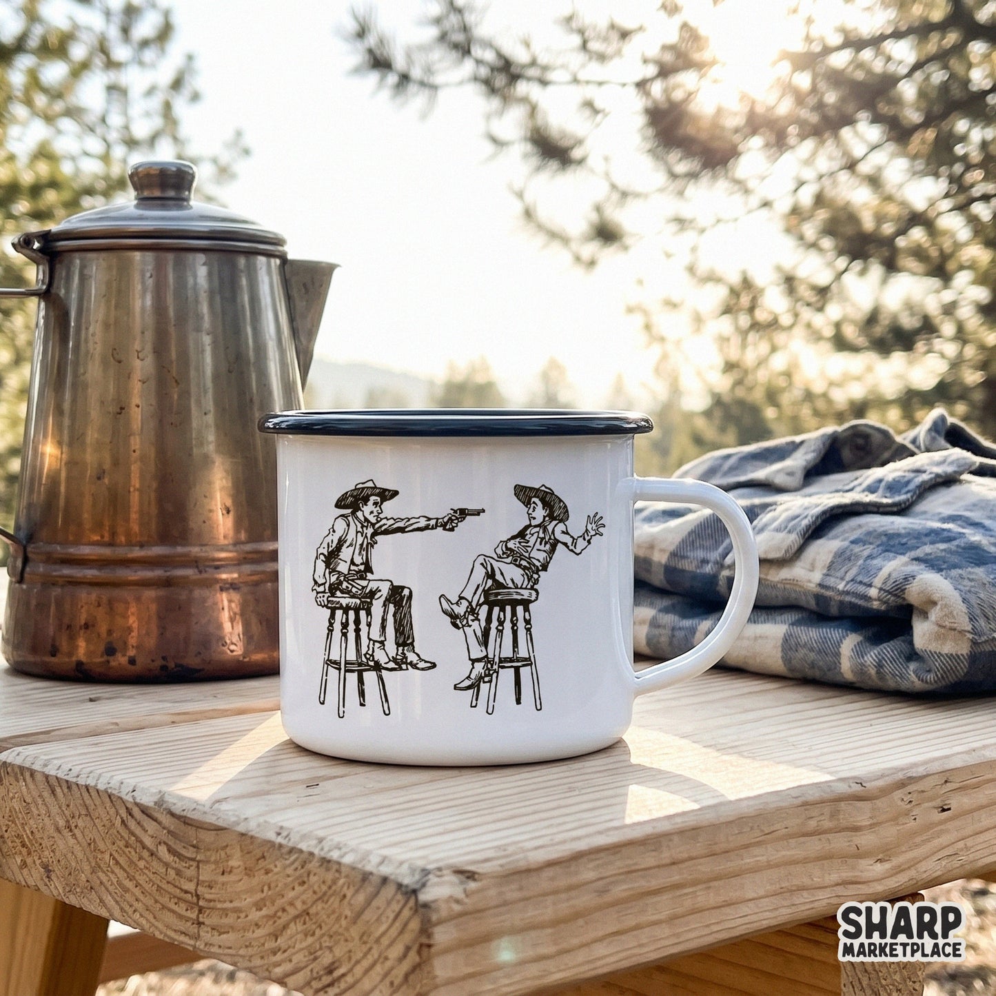 Detailed line art illustration of a cowboy saloon duel, high-resolution digital download for creating custom western-themed merchandise.