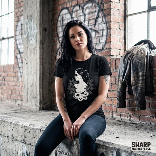 Gothic sugar skull woman with roses and a snake halloween png design for spooky season apparel sublimation and shirts
