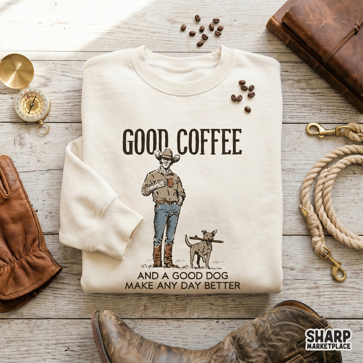 Hand-drawn western illustration of a cowboy and his dog with the phrase Good Coffee and a Good Dog Make Any Day Better, perfect for sublimation and DIY crafts.