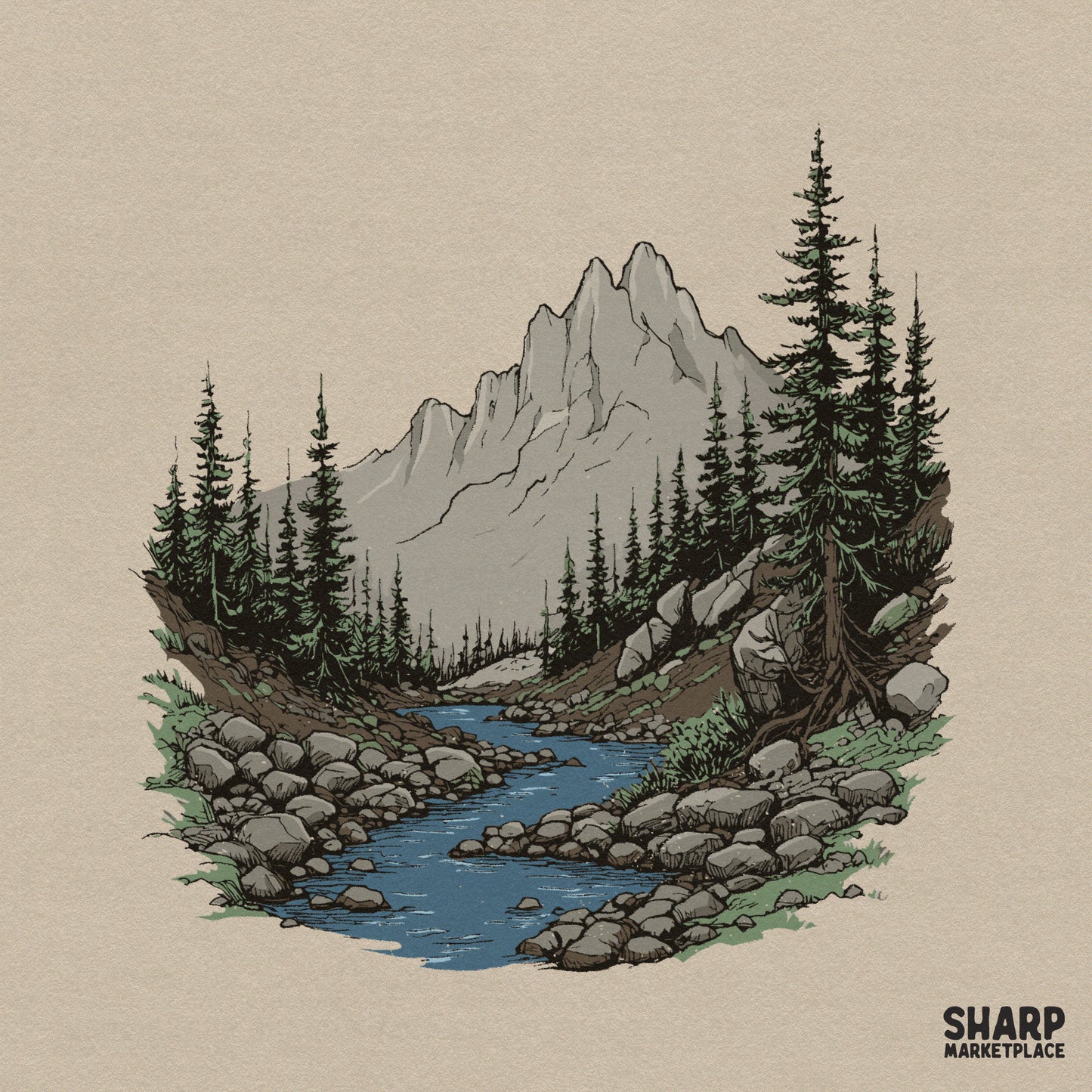 Rocky Mountain and river forest landscape sketch lake PNG for summer camping sublimation shirts and wilderness hiking