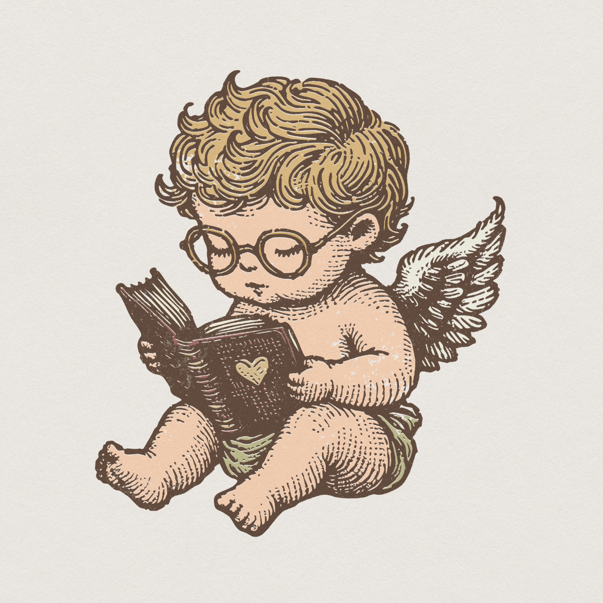 Vintage style cherub reading a heart-embossed book, featuring a retro etched illustration of a winged baby with glasses for sublimation and apparel.