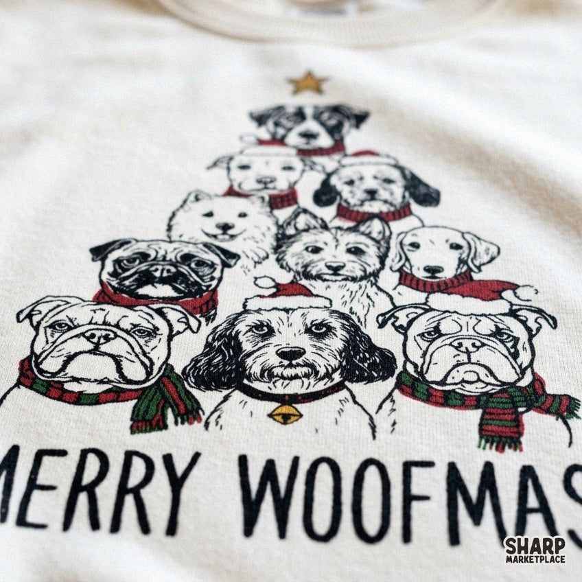 Merry Woofmas Christmas tree PNG sublimation design for dog lovers, perfect for holiday t-shirts and apparel