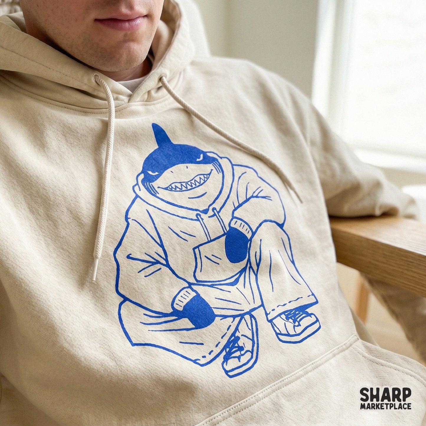 Urban skater shark character in hoodie and sneakers funny streetwear png design for trendy t-shirts