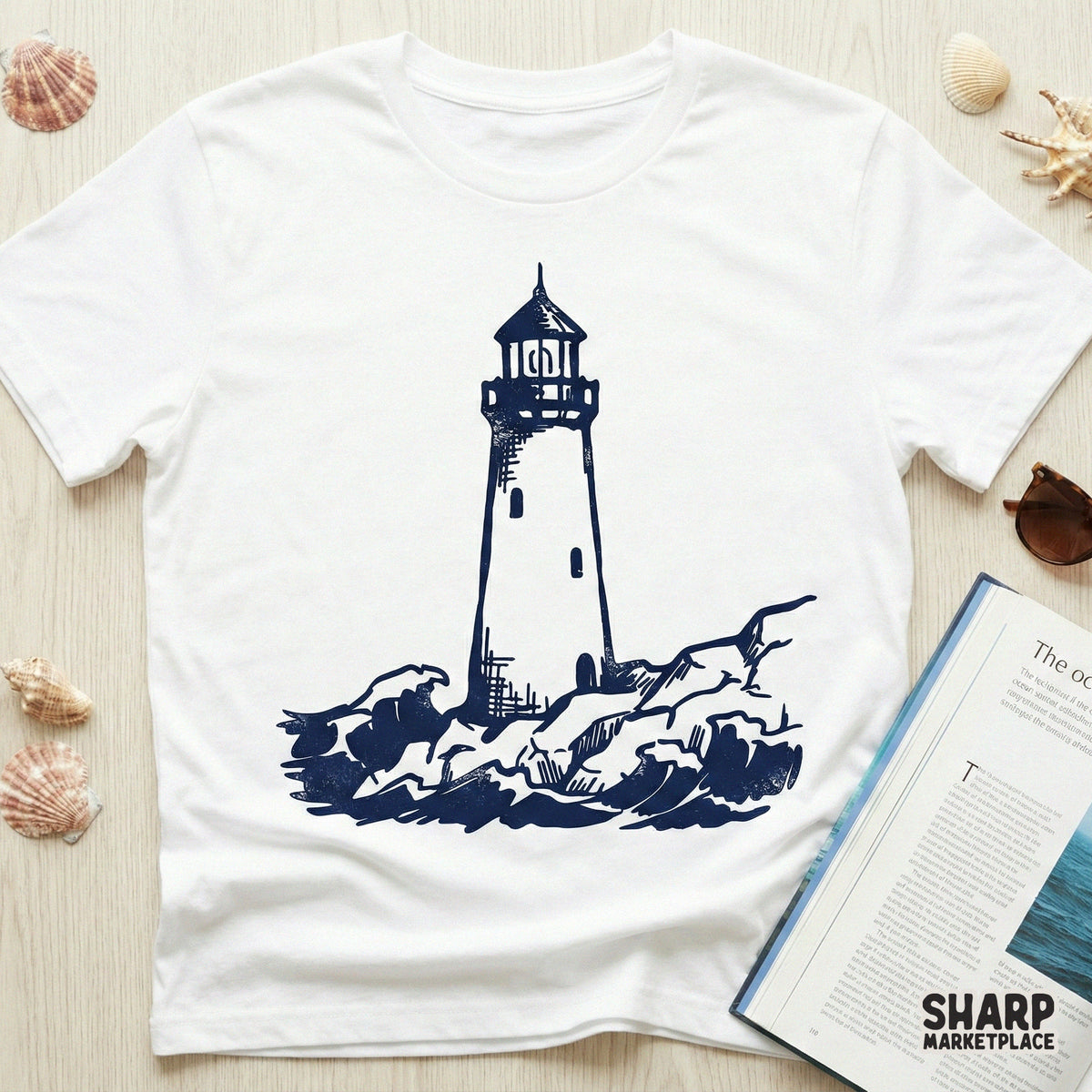 Classic maritime lighthouse design with crashing sea waves, suitable for high-quality sublimation printing on tumblers, apparel, and wall art prints.