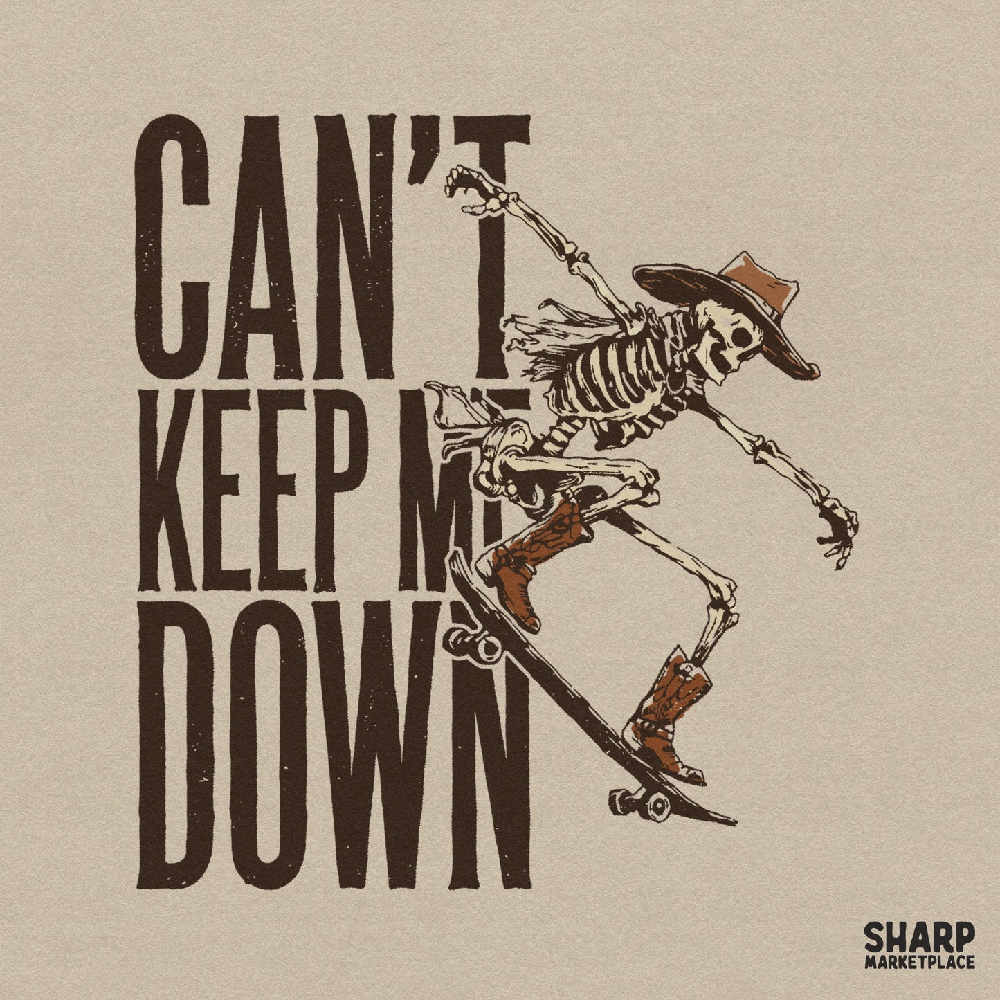 Funny western skateboard skeleton PNG sublimation design for edgy retro cowboy skull graphic tees