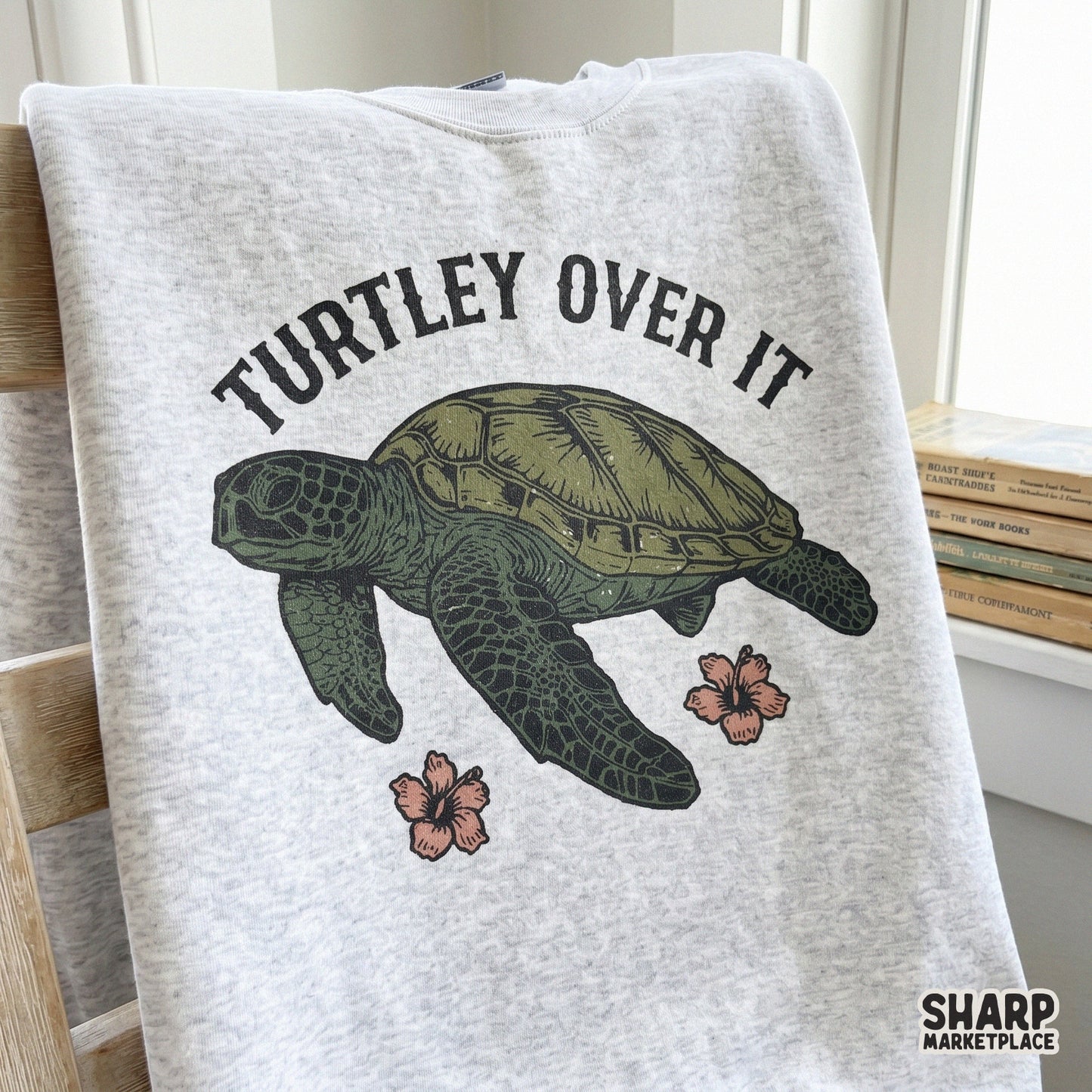 Turtley Over It funny sea turtle pun graphic with retro flowers for summer shirt sublimation projects