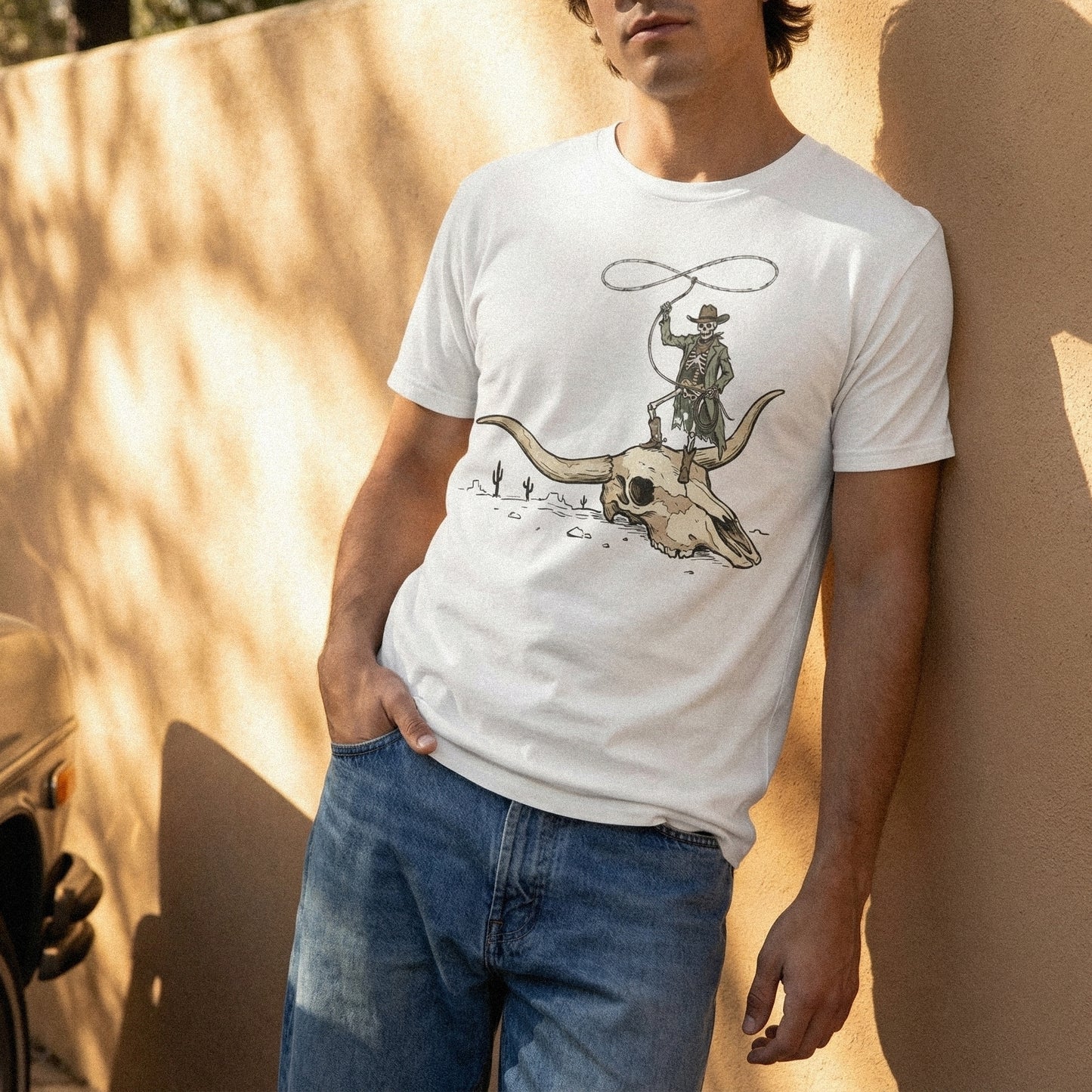 Cowboy Skeleton on Longhorn Skull PNG, Western Art - 300 DPI Design for