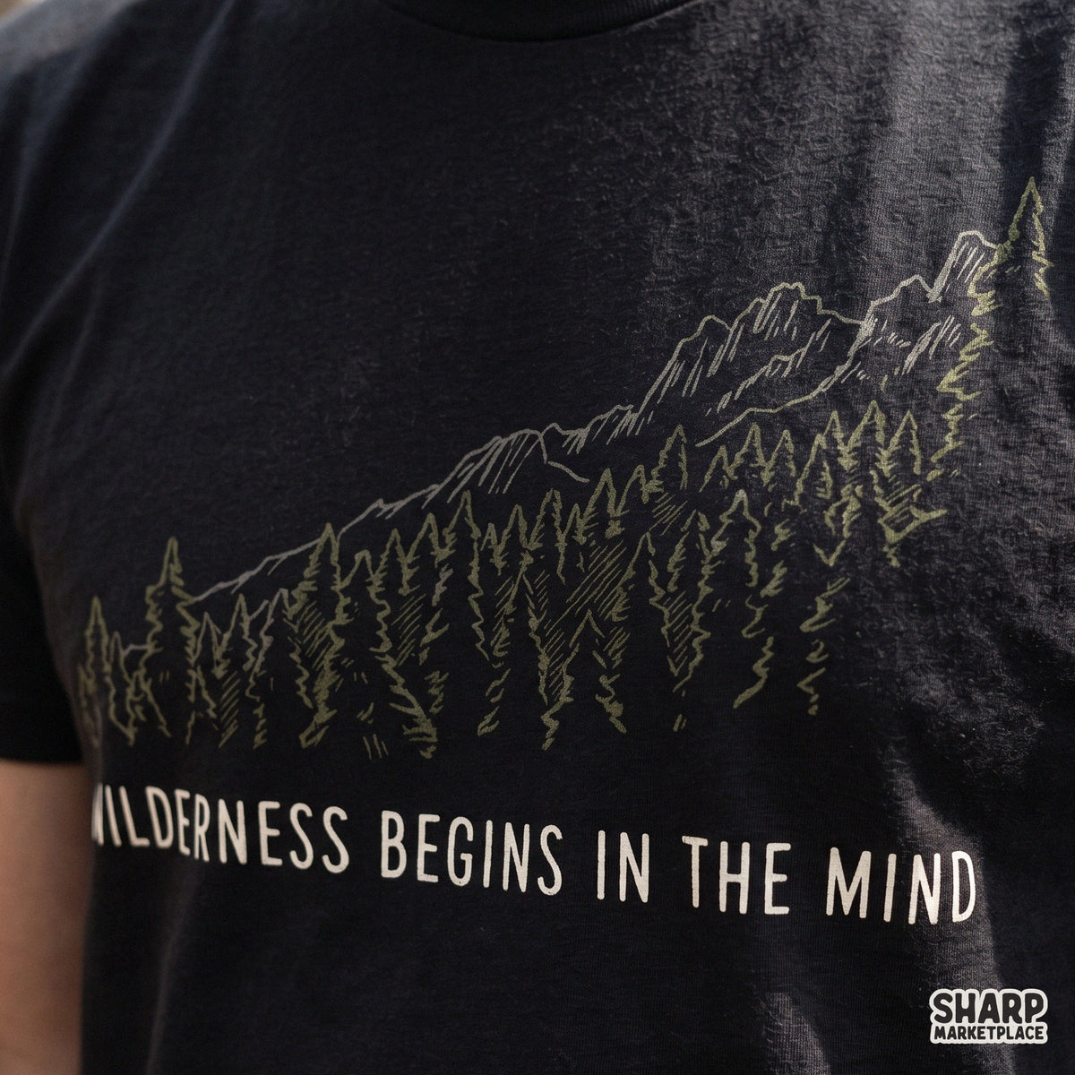 Wilderness Begins In The Mind inspirational quote PNG graphic for retro hiking t-shirts and outdoor nature apparel