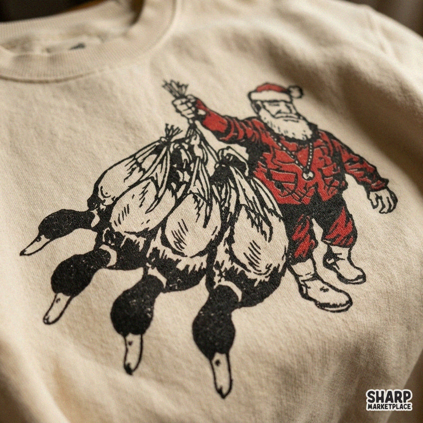 Retro hunting Santa Claus with mallard ducks PNG graphic for Christmas sublimation t-shirts and holiday apparel