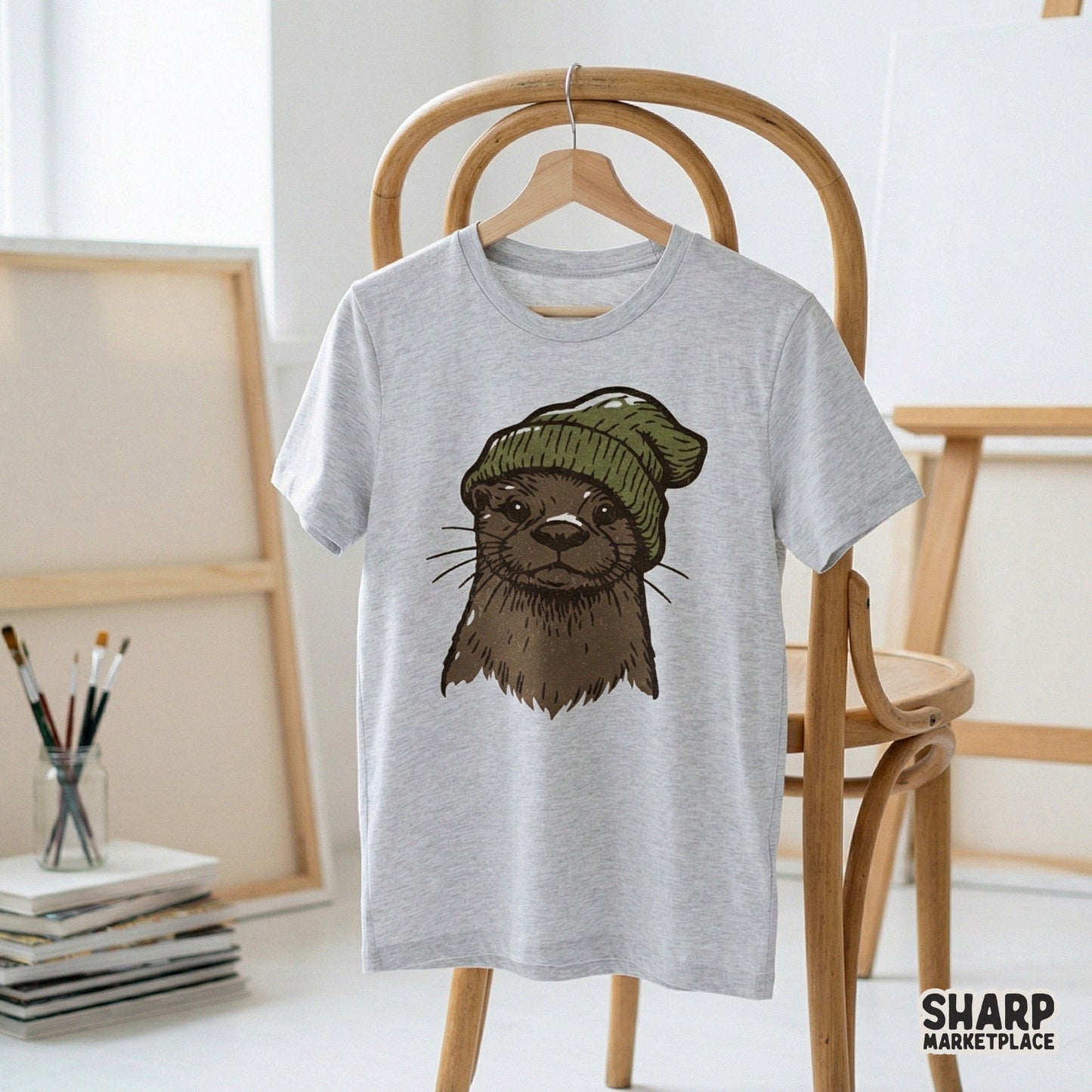 Detailed sketch of a charming otter with expressive eyes and whiskers wearing a knit hat, suitable for DTF printing or custom mug sublimation.