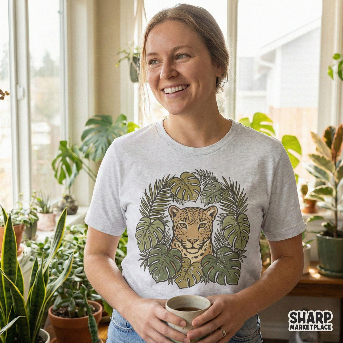 Hand-drawn wild cat graphic with intricate spots and tropical leaf wreath, ideal for creating unique stickers, tumblers, and botanical wall art.