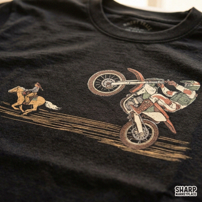 Motocross dirt bike rider racing a cowboy on horseback retro western png design for shirts
