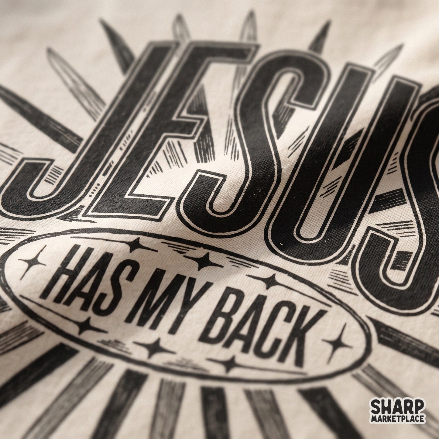 Retro Jesus Has My Back PNG with a vintage sunburst for trendy Christian faith t-shirt designs and religious apparel