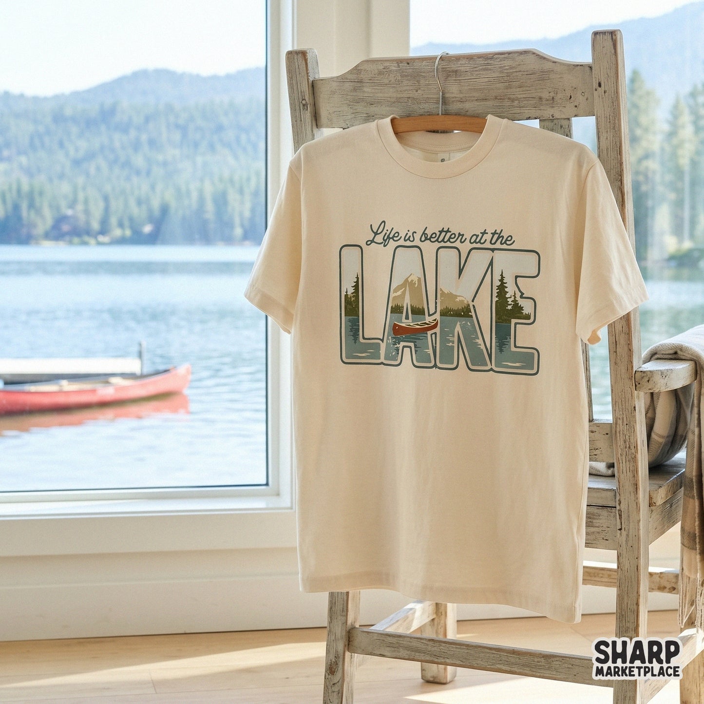 Vintage style camping and lake themed digital art with a canoe on water and mountain backdrop, suitable for custom t-shirts, tumblers, and wall art.