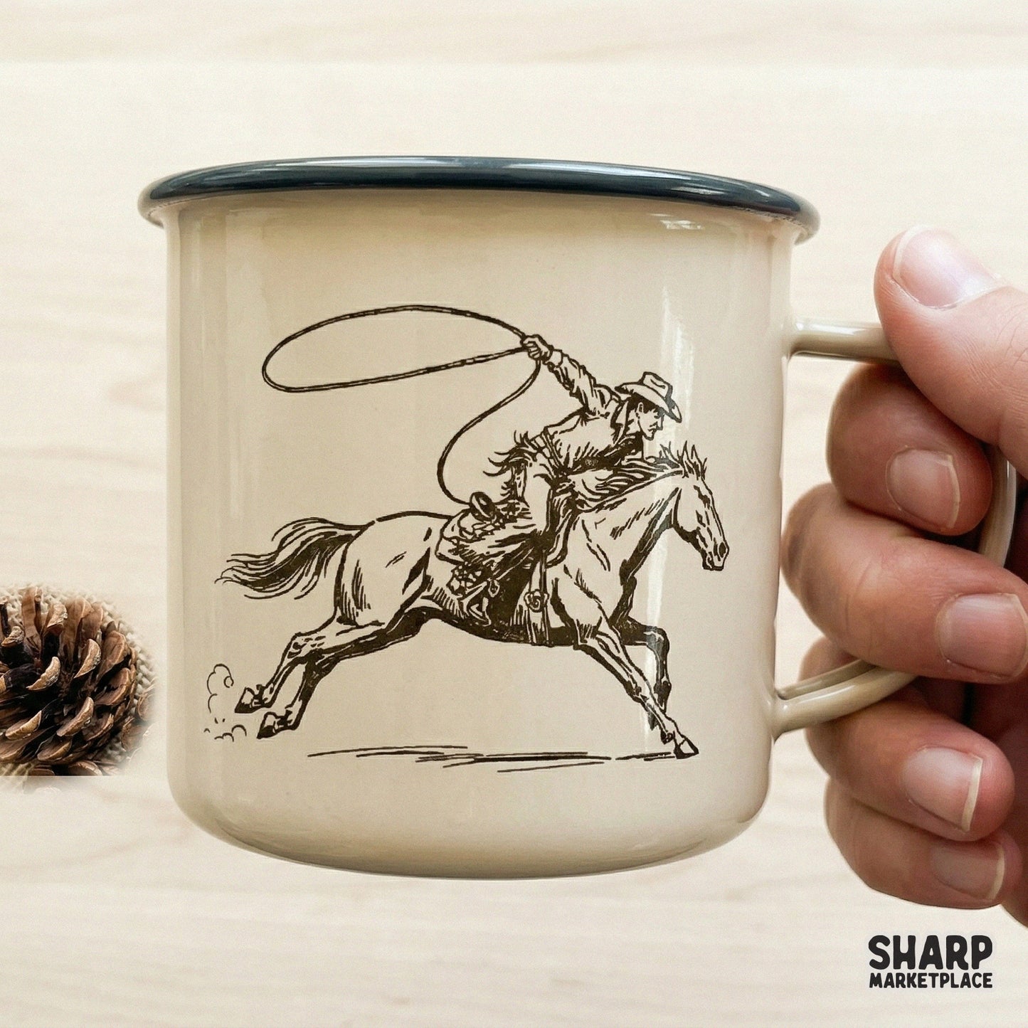 Classic hand-drawn western artwork of a cowboy galloping with a lasso, designed as a high-resolution transparent file for printing on apparel or tumblers.