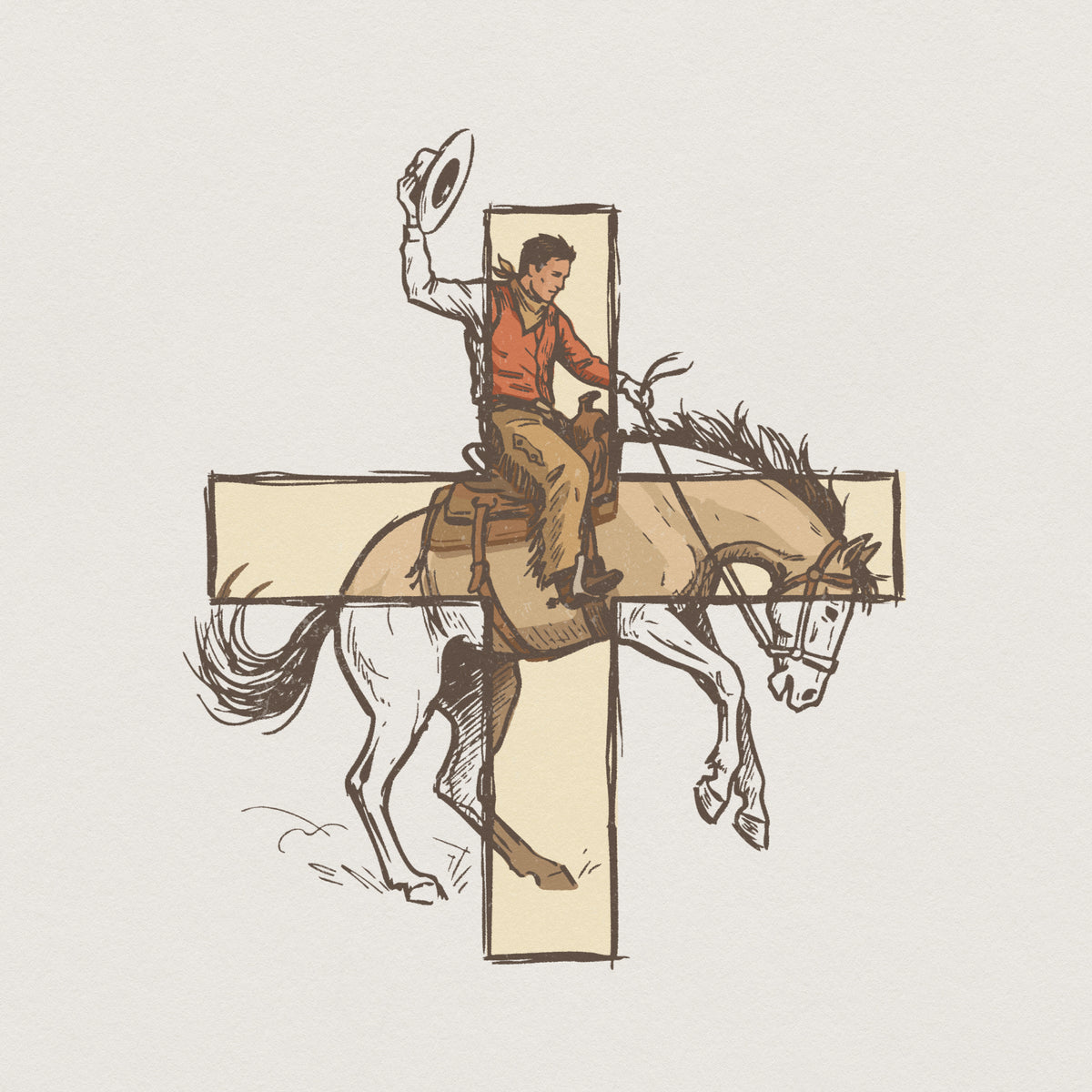 Hand-drawn cowboy in a red shirt riding a bucking horse inside a tan cross, vintage sketch style western sublimation design for apparel and stickers.