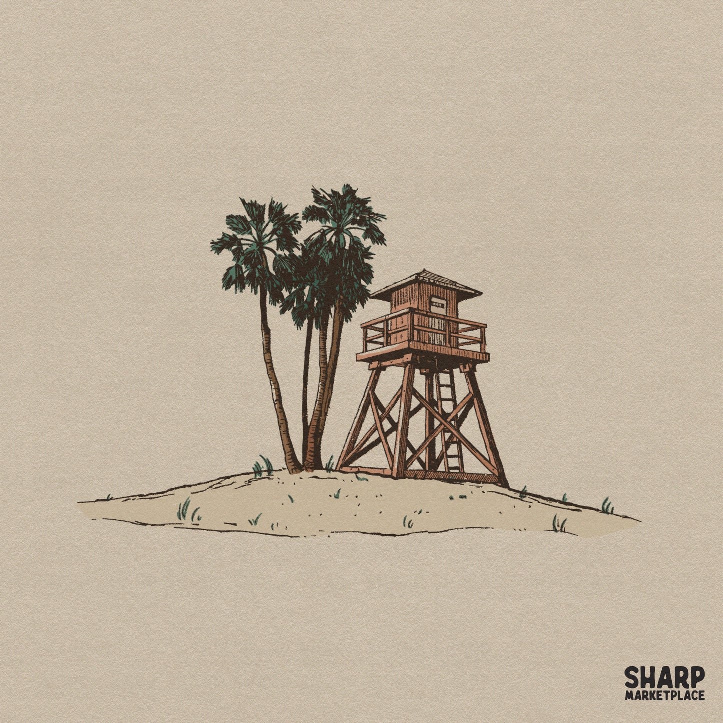 Vintage wooden lifeguard tower and palm trees summer beach PNG for retro girls trip and coastal vibe sublimation