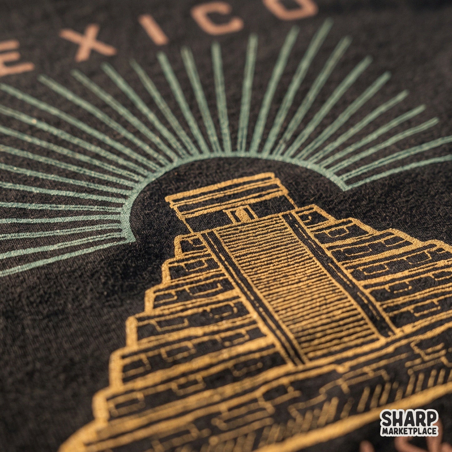 Vintage summer Mexico sublimation design featuring Aztec and Mayan pyramid ruins for trendy t-shirt graphic prints