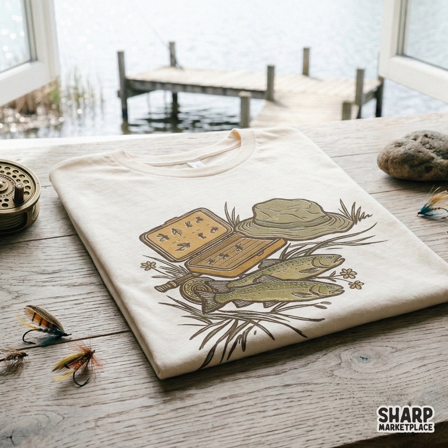 Outdoor-themed digital graphic with a vintage aesthetic, featuring fishing gear and trout, ideal for printing on tumblers, shirts, or wall art.