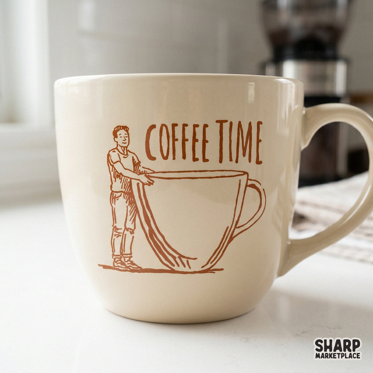 Minimalist sketch style graphic of a person hugging a big mug with Coffee Time lettering, ideal for print-on-demand tumblers and apparel designs.