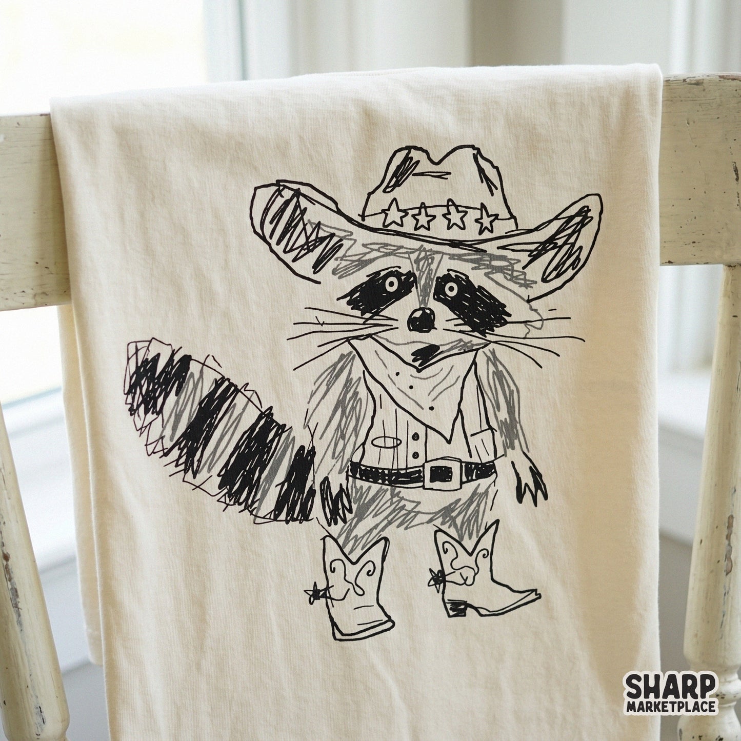 Digital illustration of a quirky trash panda dressed as a western cowboy with a star-studded hat and boots, suitable for stickers, tumblers, and DIY crafts.