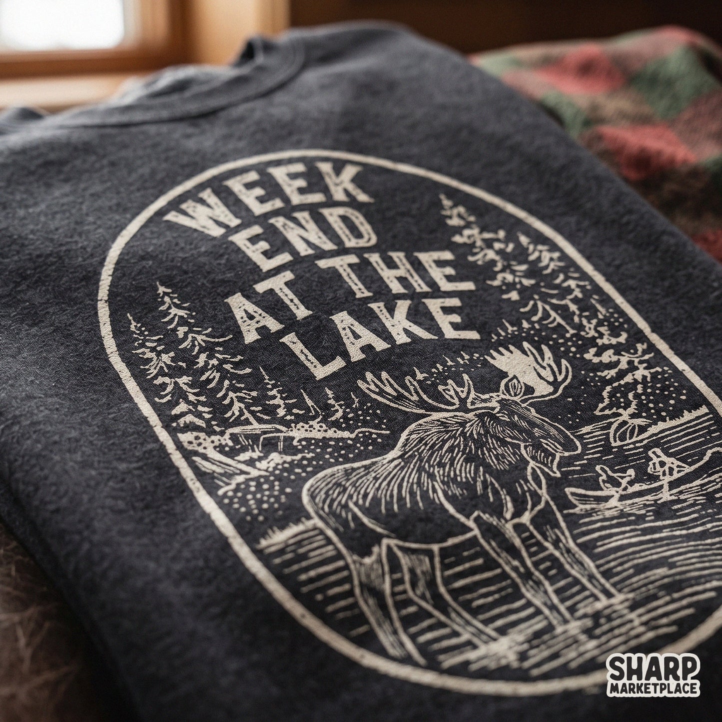 Rustic oval badge moose and canoe design for camping and lake life sublimation shirts