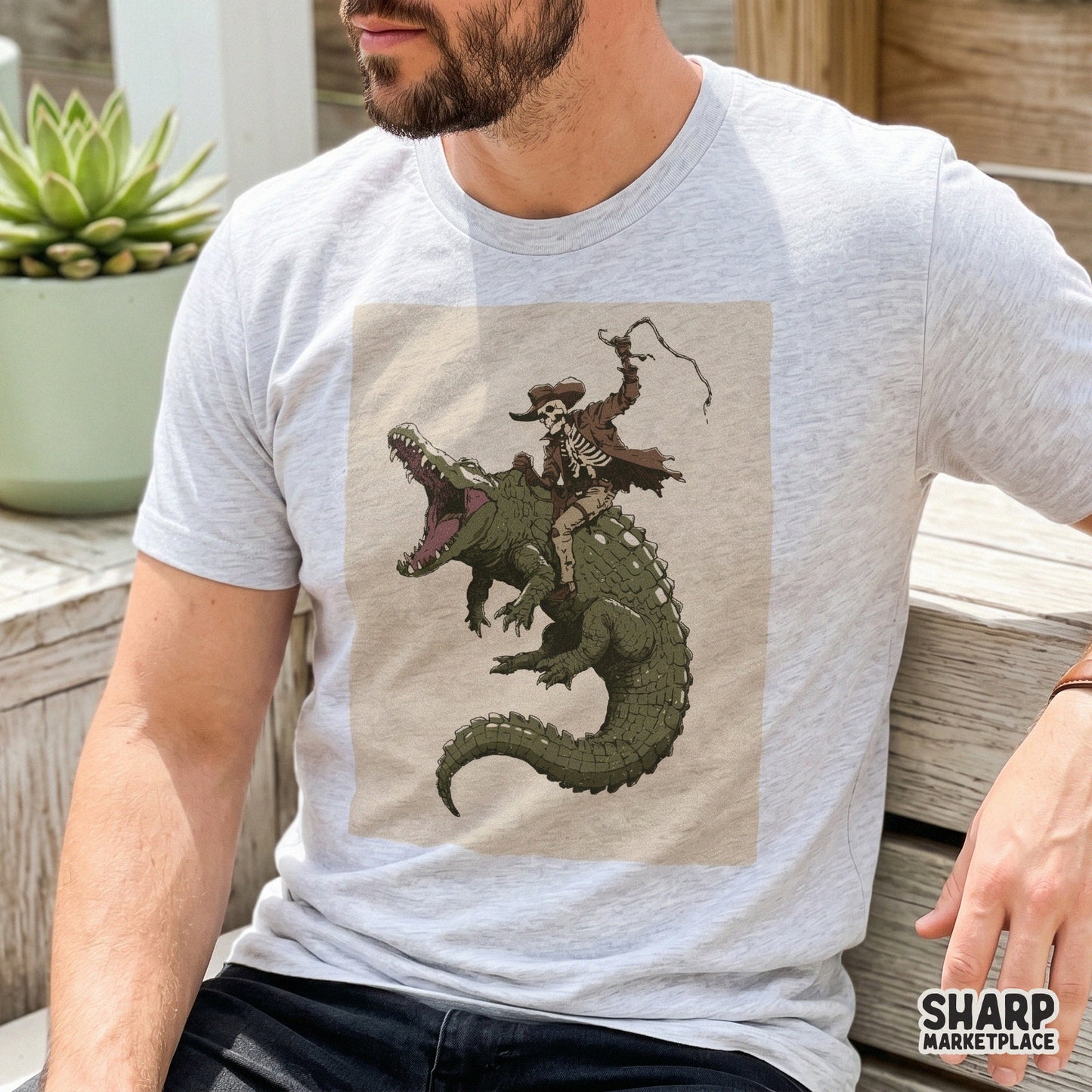 Gothic skeleton cowboy riding a crocodile spooky Halloween png design for western t-shirt sublimation