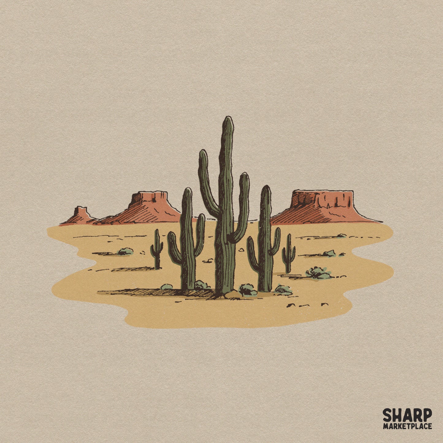 Retro desert landscape PNG with saguaro cacti and mesas for western graphic tees and trendy wild west sublimation designs