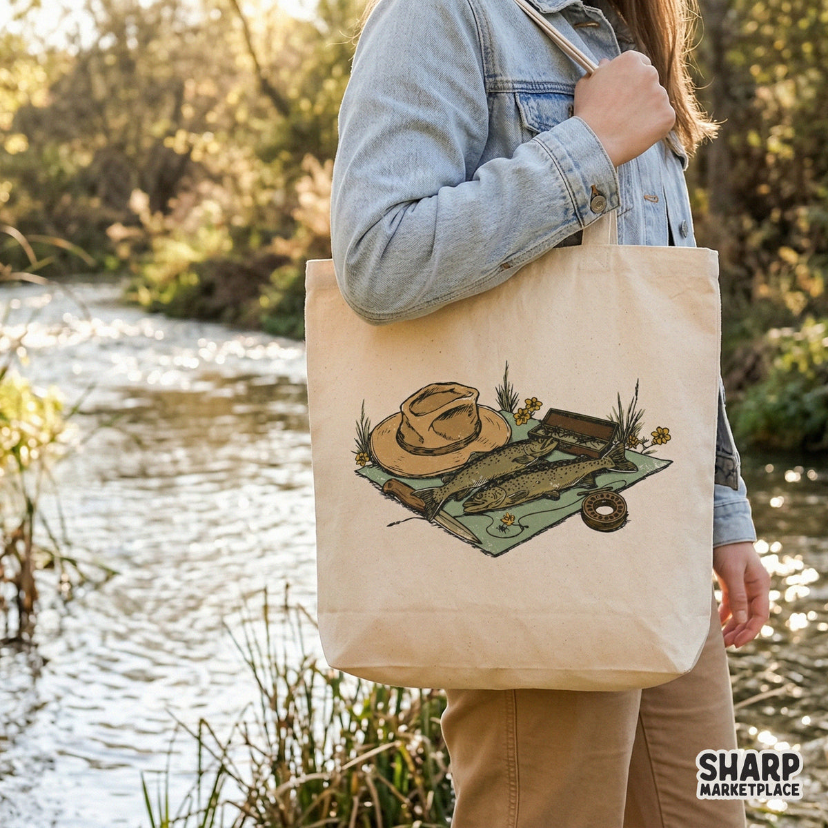 Hand-drawn vintage trout camp graphic for DIY projects, featuring fishing equipment and wildflowers in a classic, rustic, and outdoorsy art style.