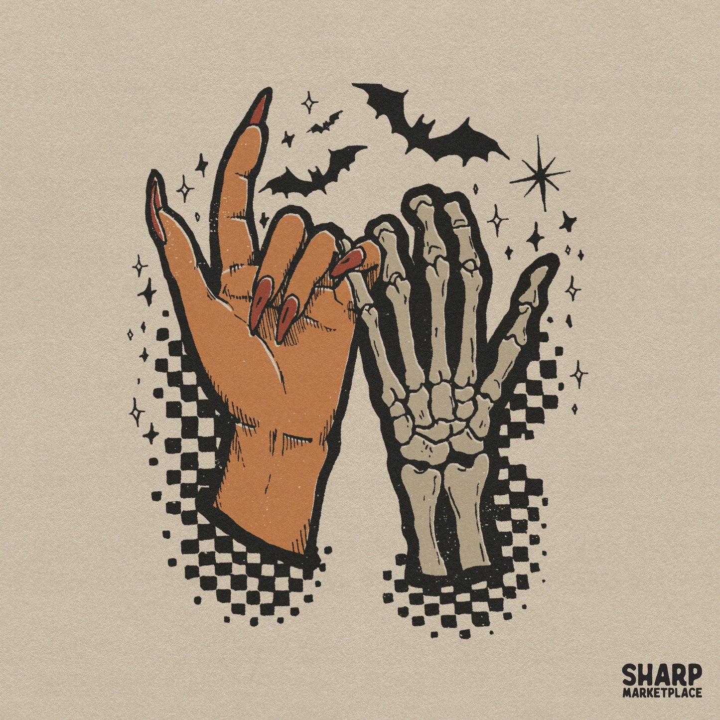 Gothic pinky promise skeleton and human hand illustration PNG for spooky bestie Halloween shirts and trendy wall art