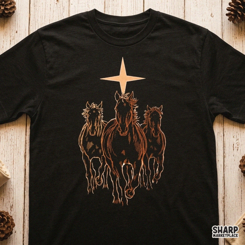 Three galloping stallions beneath a bright star western ranch PNG design for country shirts and apparel sublimation