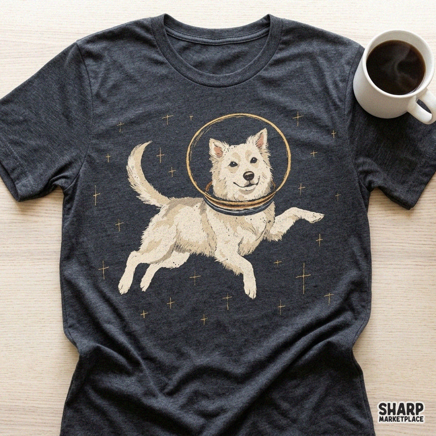 Cute white husky astronaut floating in space surrounded by retro stars png design for dog mom sublimation