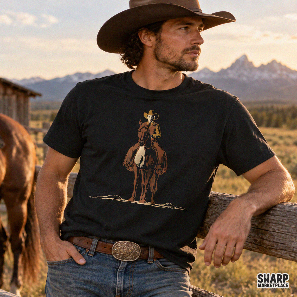 Classic dark silhouette cowboy riding a horse retro western PNG design for country music shirts and apparel