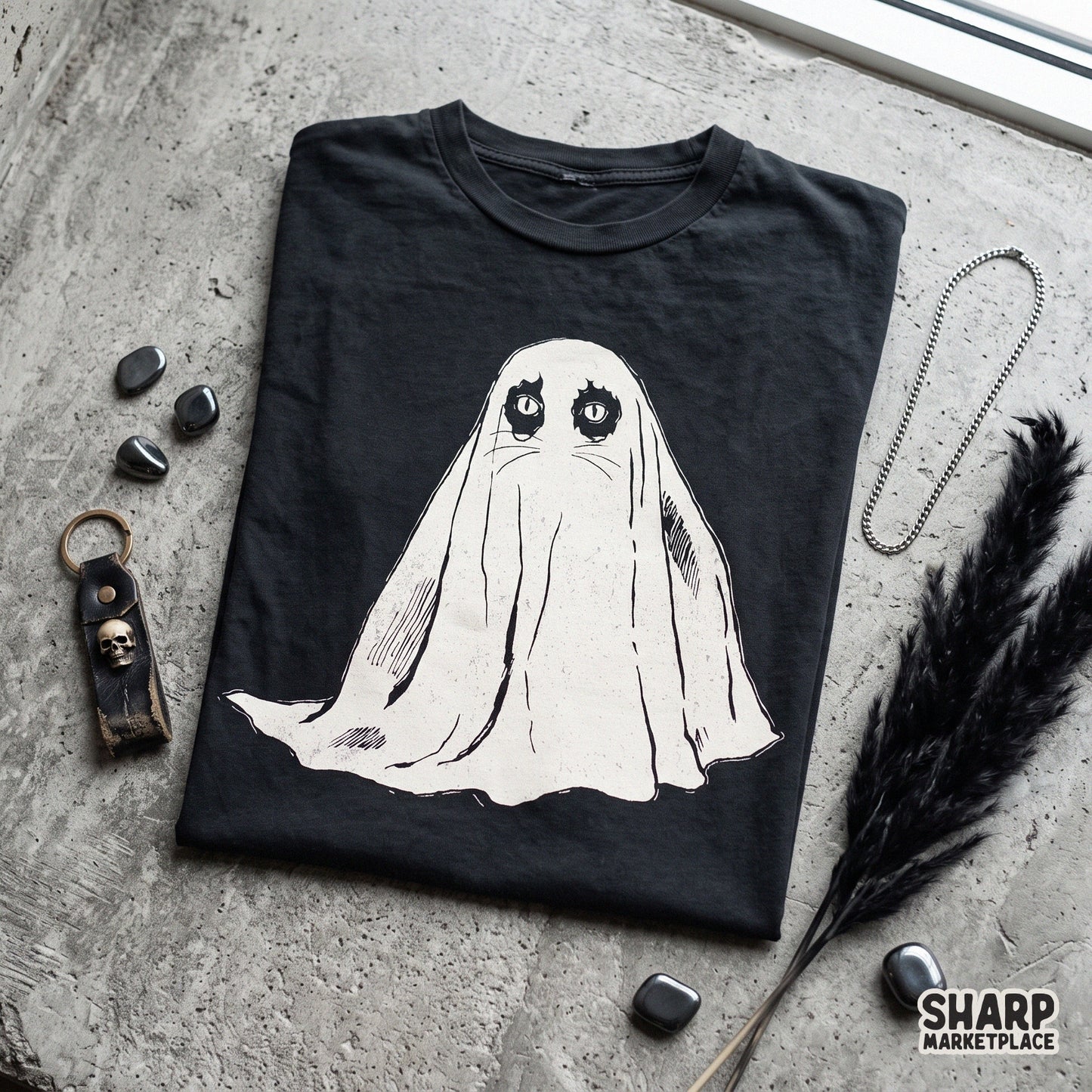Cute vintage halloween cat wearing a white sheet ghost costume for spooky t-shirt sublimation and print on demand apparel designs