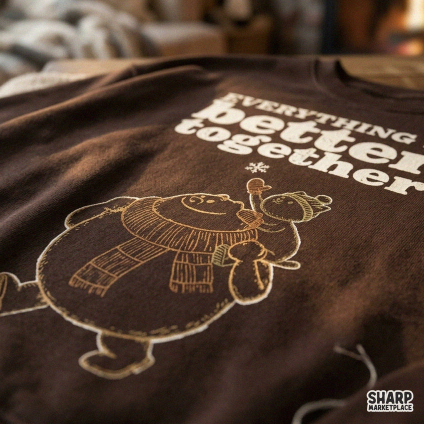 Cozy winter bear PNG design featuring Everything Is Better Together quote for holiday sublimation shirts