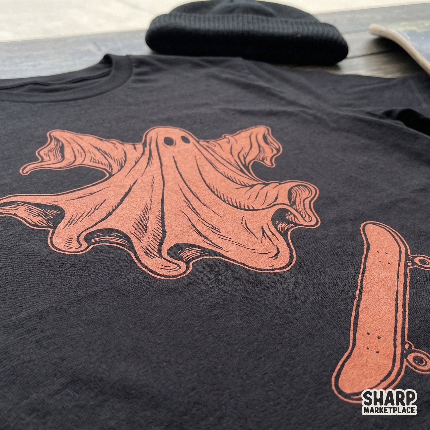 Orange retro skater ghost riding a skateboard, cute spooky Halloween PNG digital download for trendy fall shirt designs