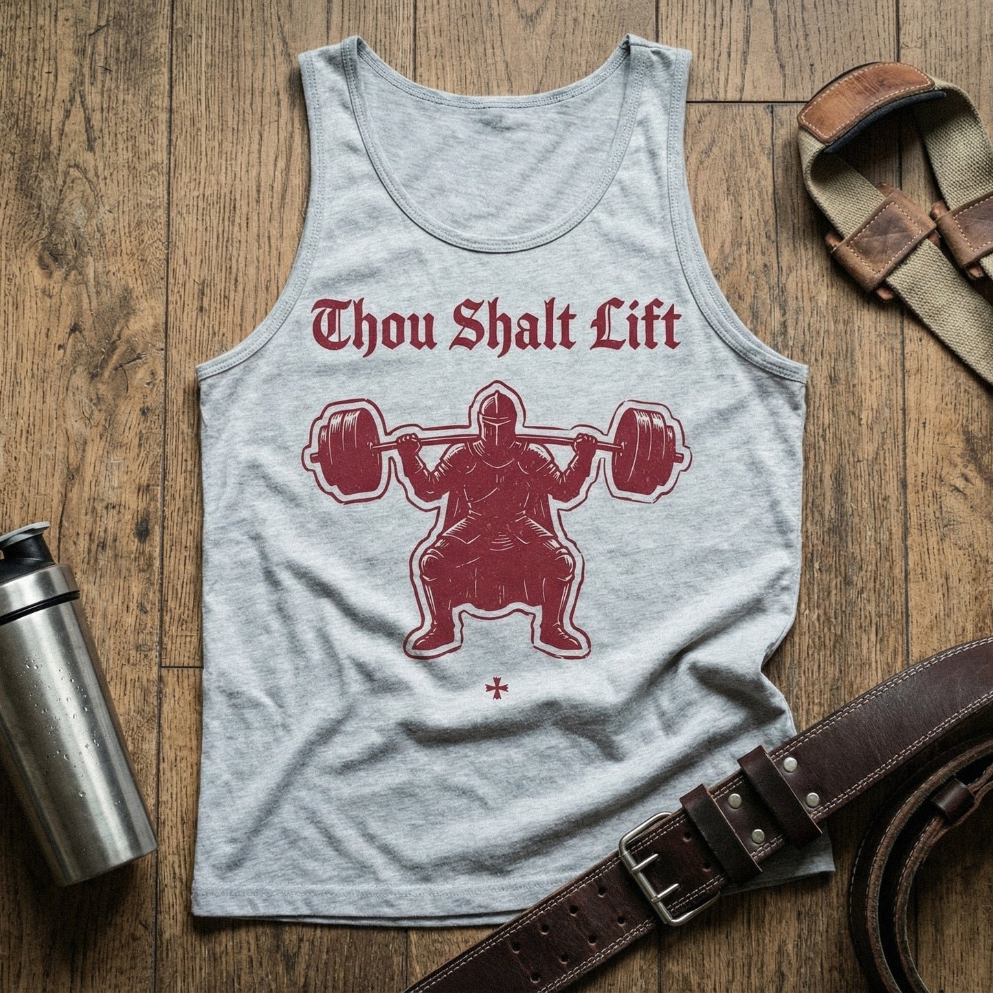 Monochromatic maroon knight weightlifting graphic with gothic lettering and a cross accent, ideal for DIY fitness apparel, posters, and gym decor.